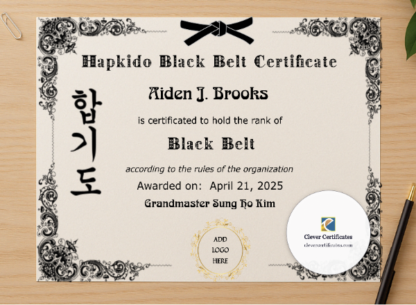 Professional preview of Hapkido Black Belt Certificate certificate on high-quality stationery paper, ideal for showcasing the final look.