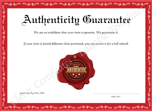 Editable Elegant Red Authenticity Guarantee
