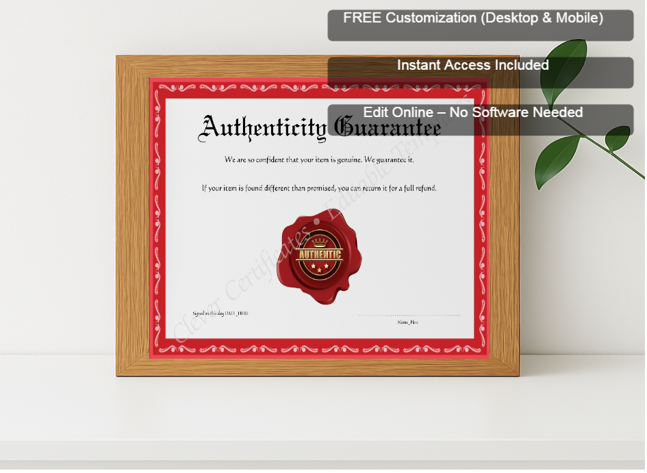 Premium mockup with Free Editor badge stack for Editable Elegant Red Authenticity Guarantee