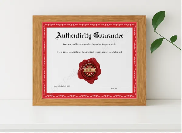 Realistic mockup featuring Editable Elegant Red Authenticity Guarantee displayed within a modern frame, set against a minimalistic background.