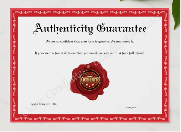 Editable Elegant Red Authenticity Guarantee presented in a sleek wooden frame, elegantly arranged on a stylish table.