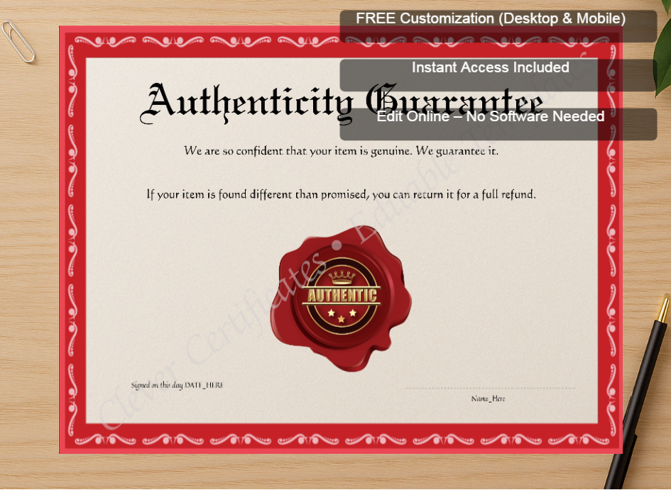 Zoomed preview with Free Editor badge stack for Editable Elegant Red Authenticity Guarantee