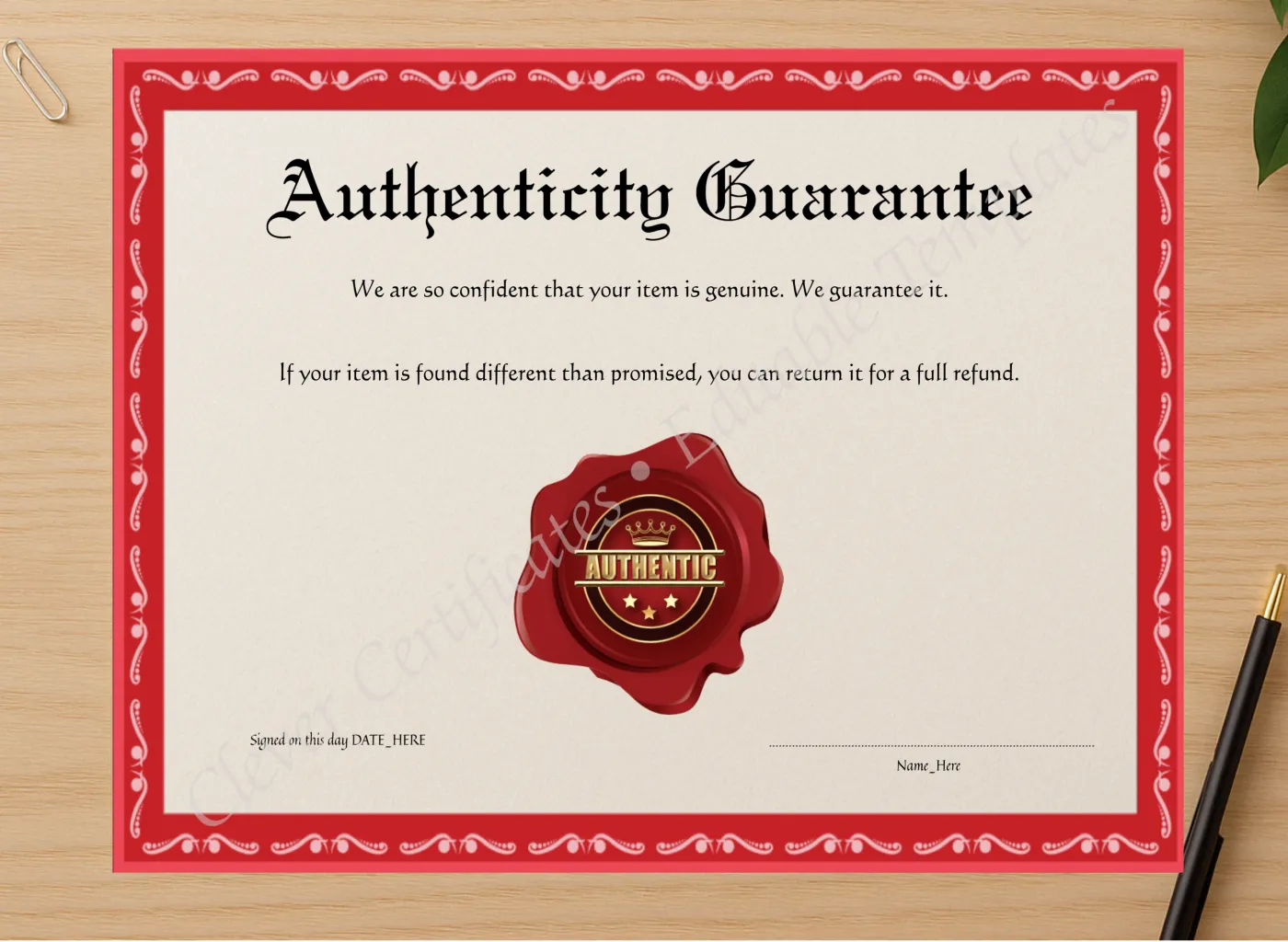 Professional preview of Editable Elegant Red Authenticity Guarantee certificate on high-quality stationery paper, ideal for showcasing the final look.