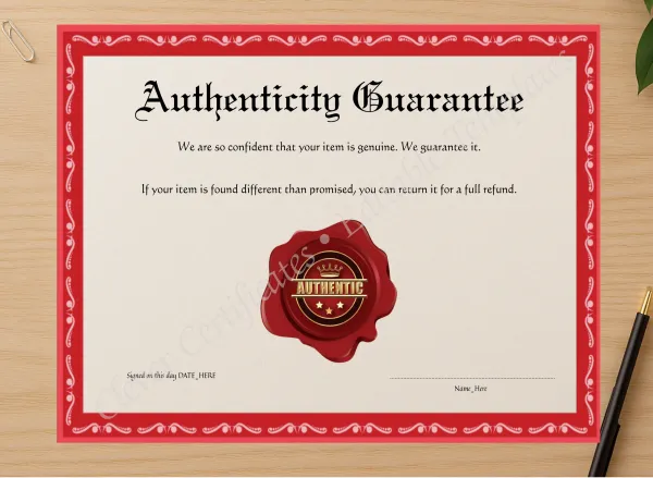 Professional preview of Editable Elegant Red Authenticity Guarantee certificate on high-quality stationery paper, ideal for showcasing the final look.