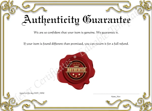 Printable Elegant Golden Authenticity Guarantee