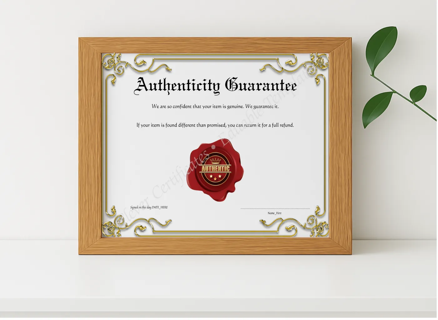 Realistic mockup featuring Printable Elegant Golden Authenticity Guarantee displayed within a modern frame, set against a minimalistic background.