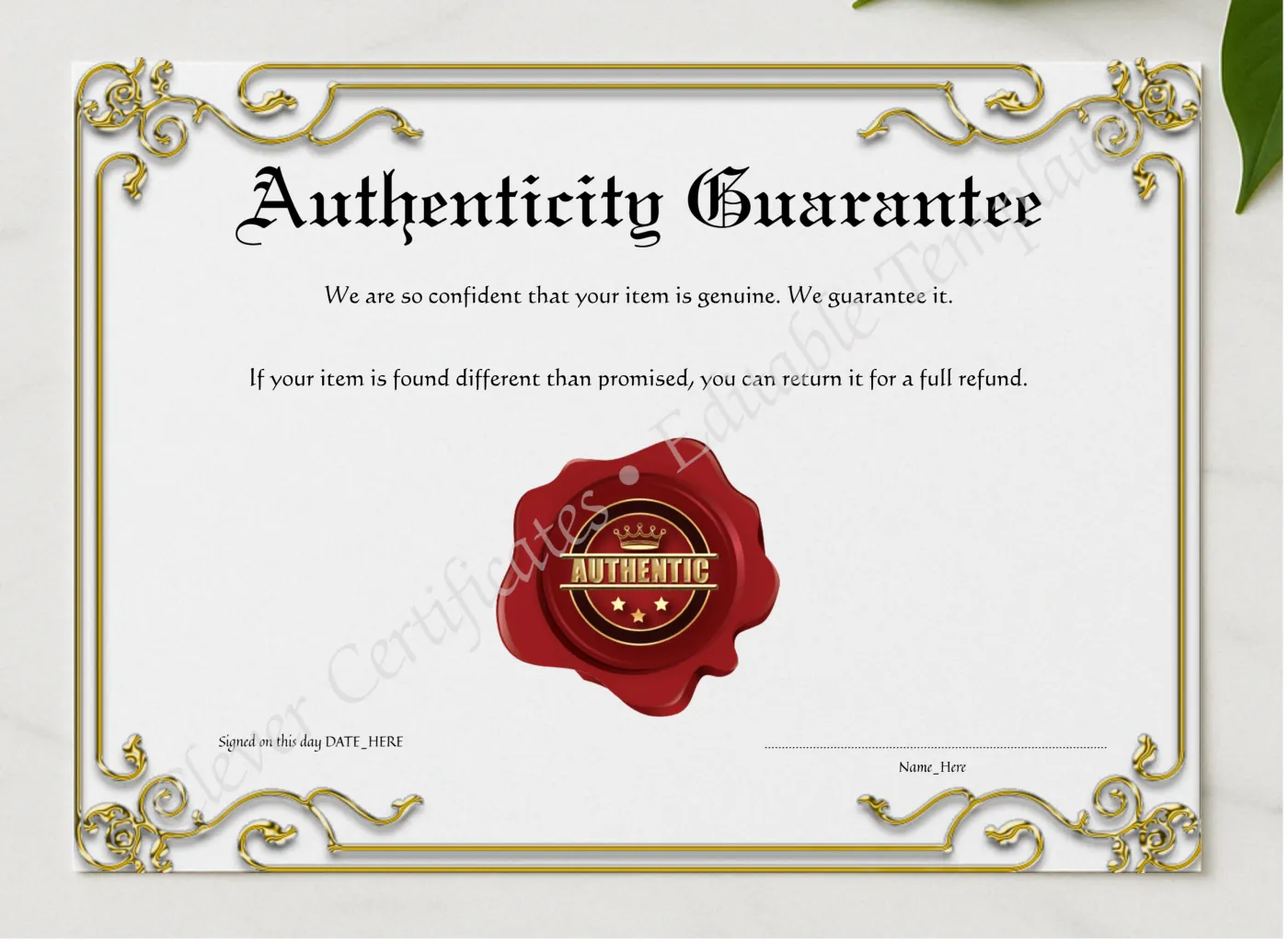 Printable Elegant Golden Authenticity Guarantee presented in a sleek wooden frame, elegantly arranged on a stylish table.