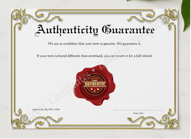 Printable Elegant Golden Authenticity Guarantee presented in a sleek wooden frame, elegantly arranged on a stylish table.