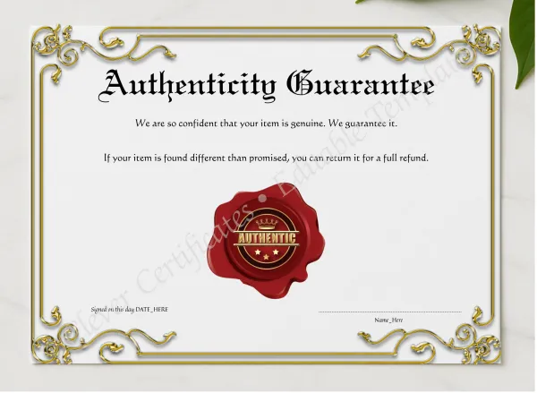 Printable Elegant Golden Authenticity Guarantee presented in a sleek wooden frame, elegantly arranged on a stylish table.