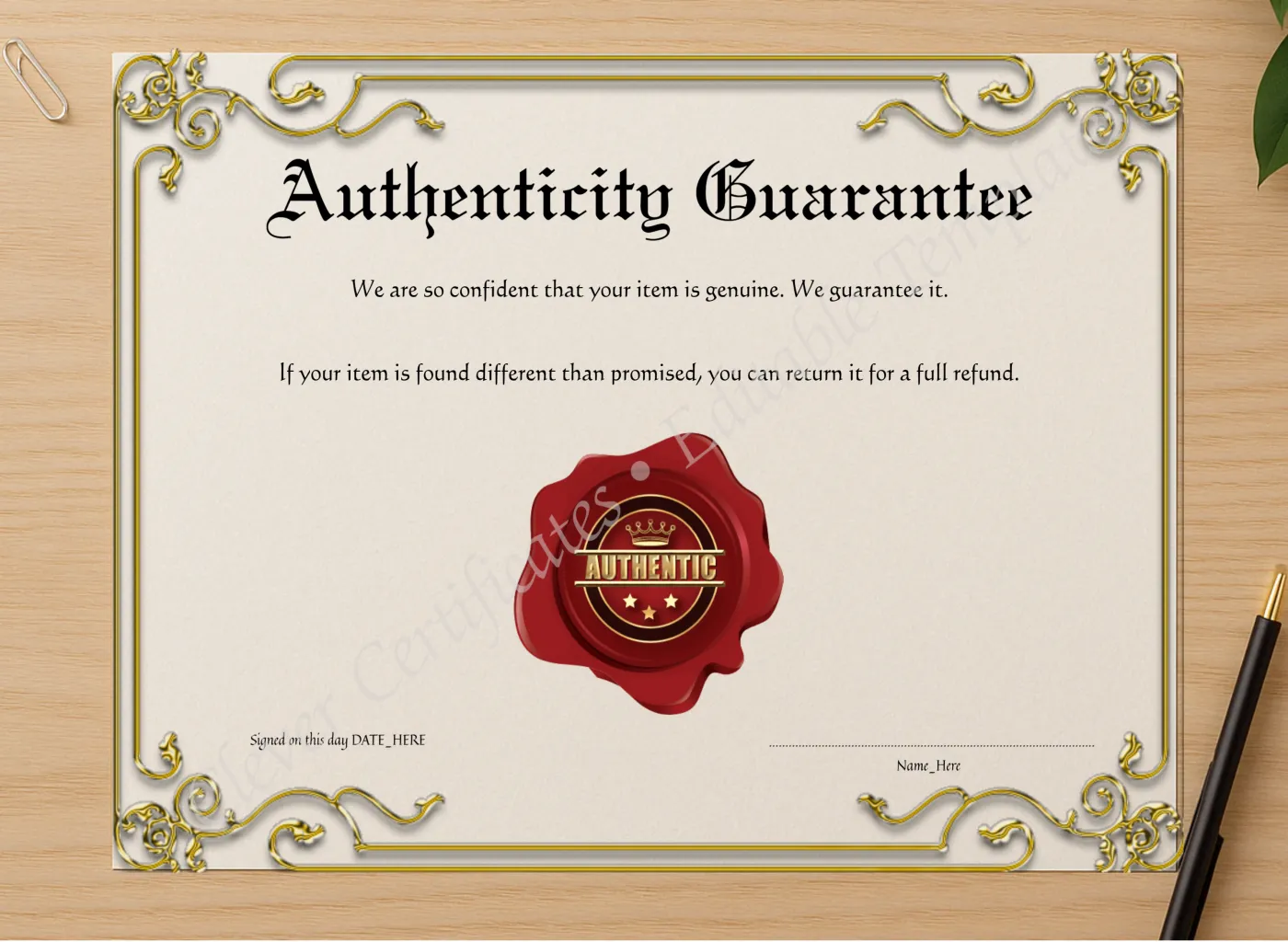 Professional preview of Printable Elegant Golden Authenticity Guarantee certificate on high-quality stationery paper, ideal for showcasing the final look.