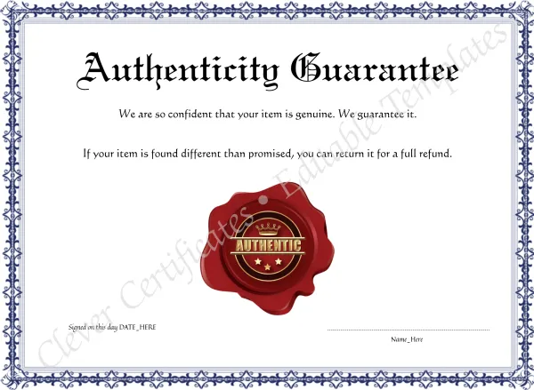 Customizeable Elegant Blue Authenticity Guarantee