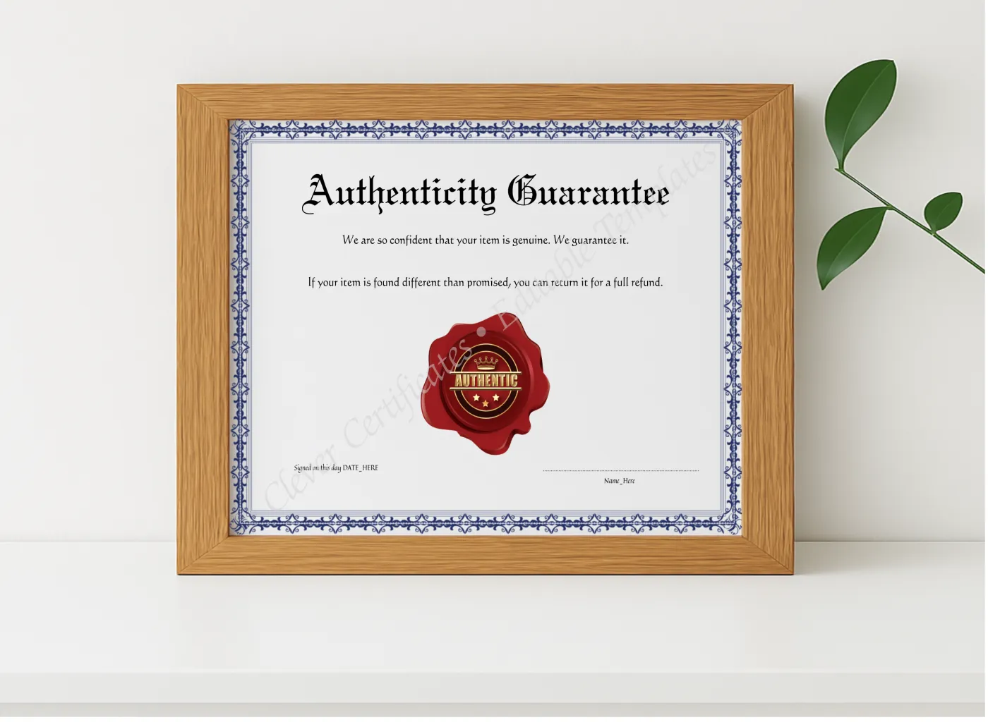 Realistic mockup featuring Customizeable Elegant Blue Authenticity Guarantee displayed within a modern frame, set against a minimalistic background.