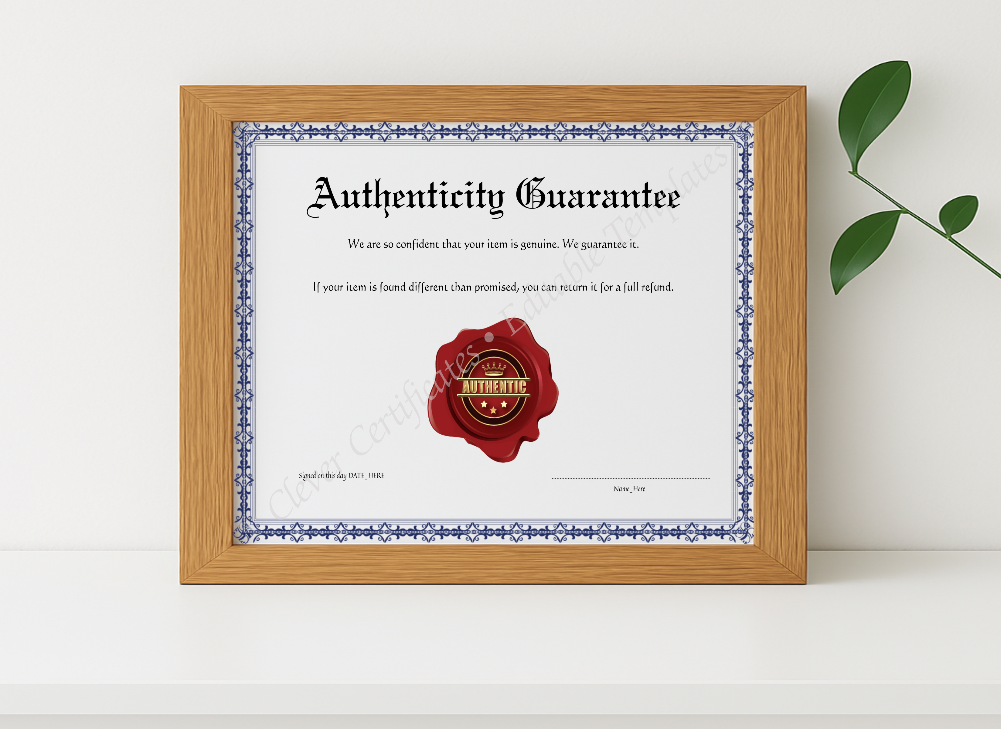 Realistic mockup featuring Customizeable Elegant Blue Authenticity Guarantee displayed within a modern frame, set against a minimalistic background.