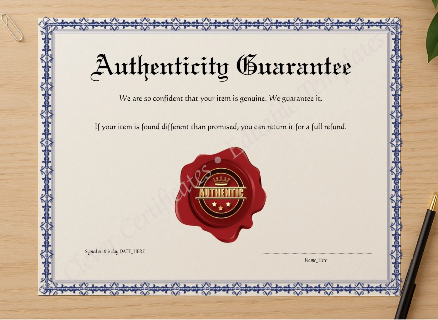 Professional preview of Customizeable Elegant Blue Authenticity Guarantee certificate on high-quality stationery paper, ideal for showcasing the final look.