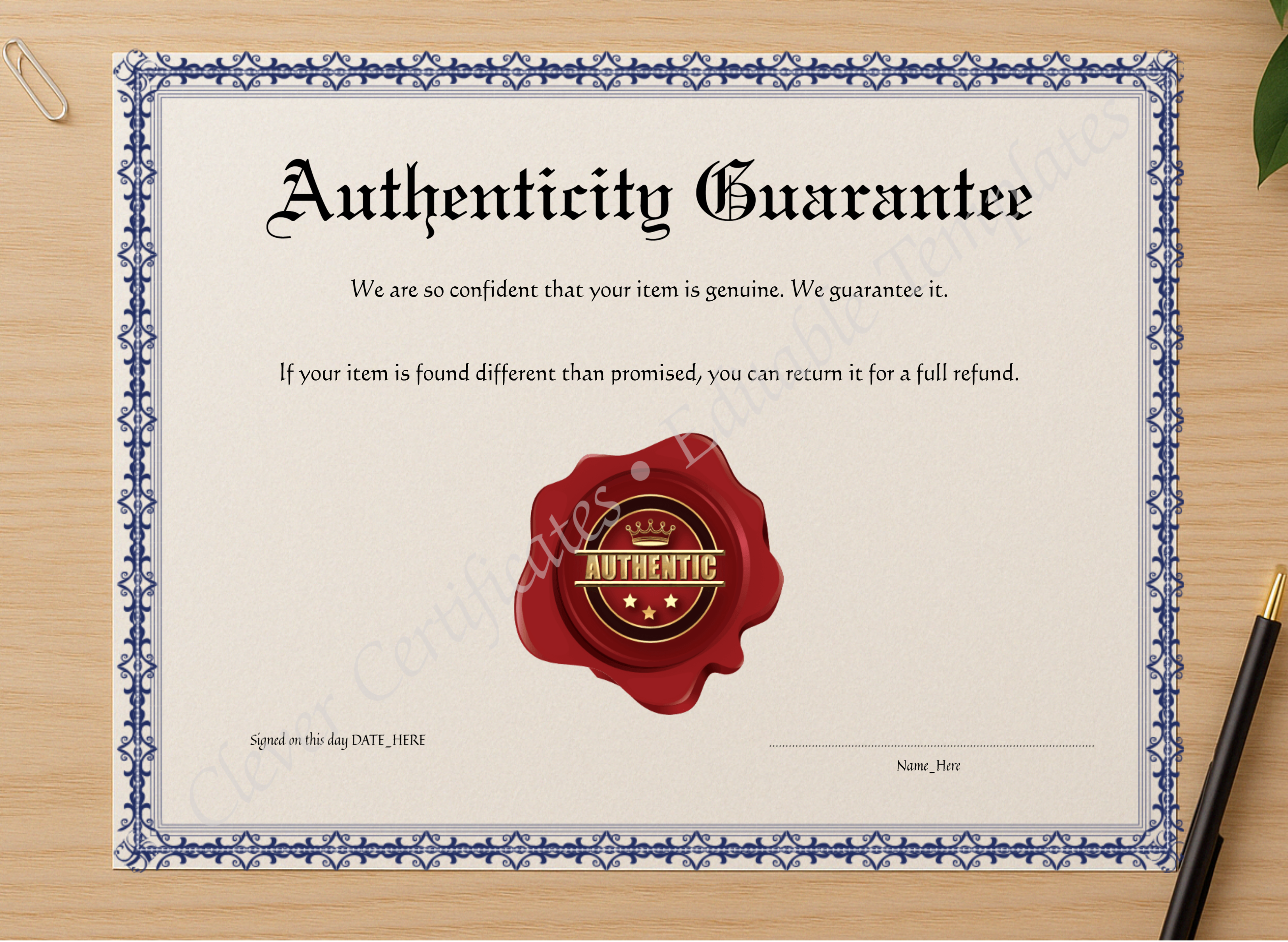 Professional preview of Customizeable Elegant Blue Authenticity Guarantee certificate on high-quality stationery paper, ideal for showcasing the final look.