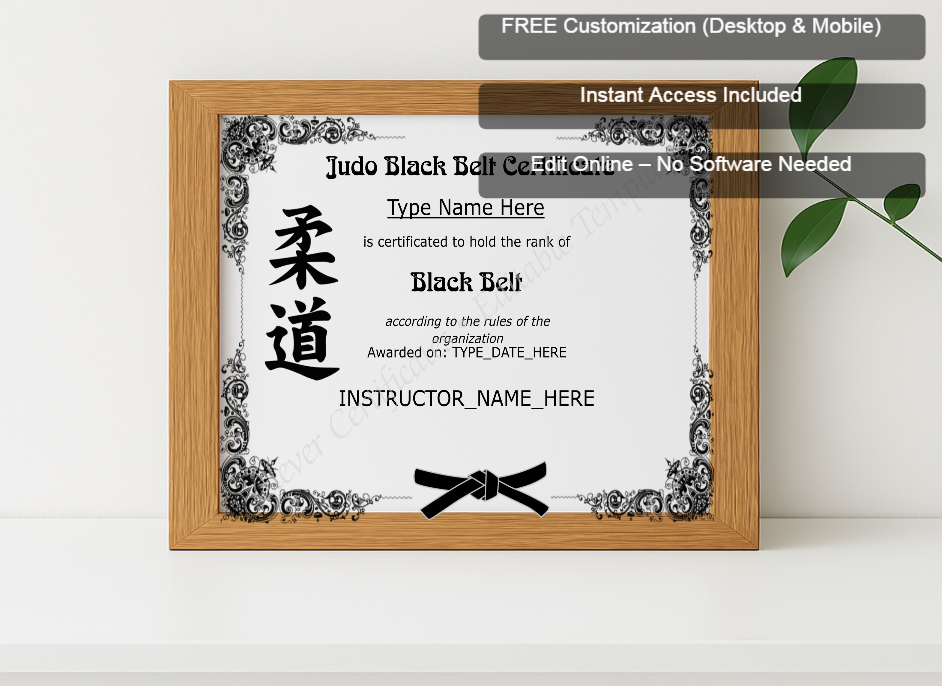 Premium mockup with Free Editor badge stack for Judo Black Belt Certificate