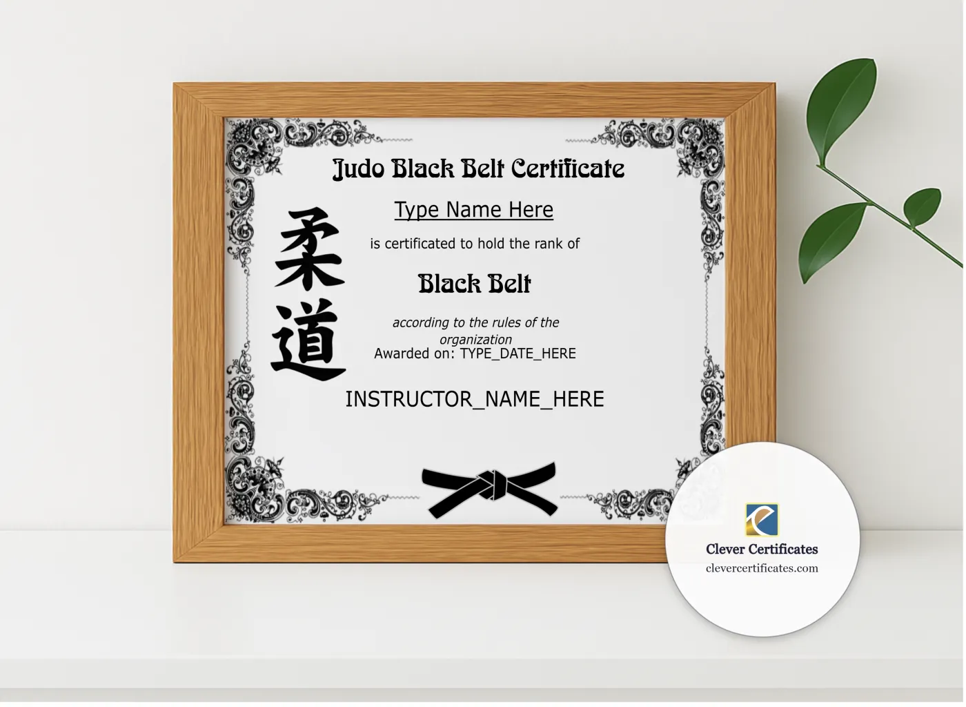 Realistic mockup featuring Judo Black Belt Certificate displayed within a modern frame, set against a minimalistic background.