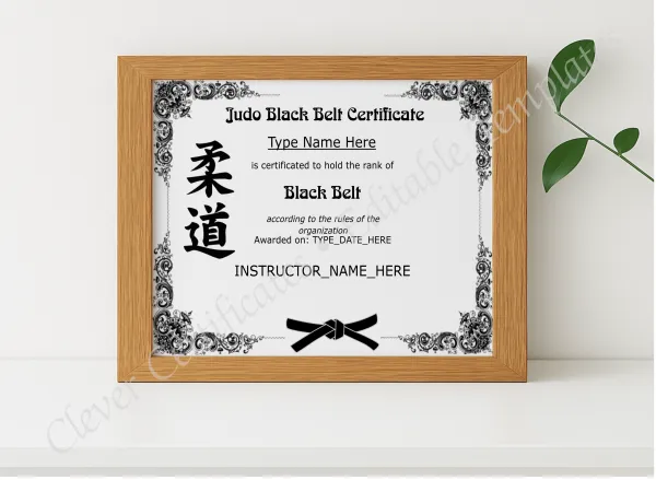Realistic mockup featuring Judo Black Belt Certificate displayed within a modern frame, set against a minimalistic background.