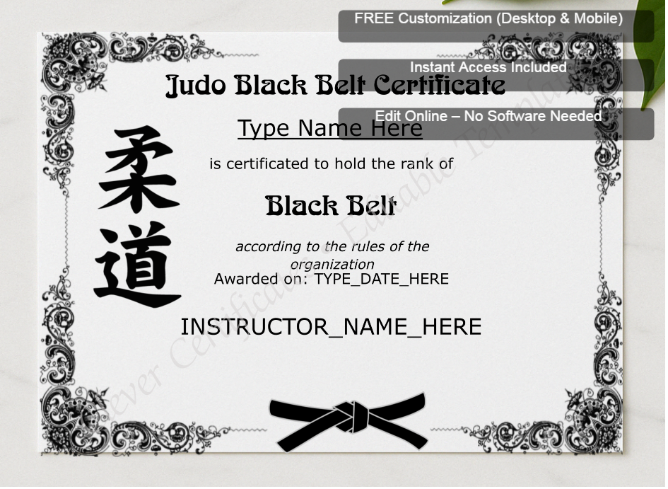 Framed preview featuring Free Editor badge stack for Judo Black Belt Certificate