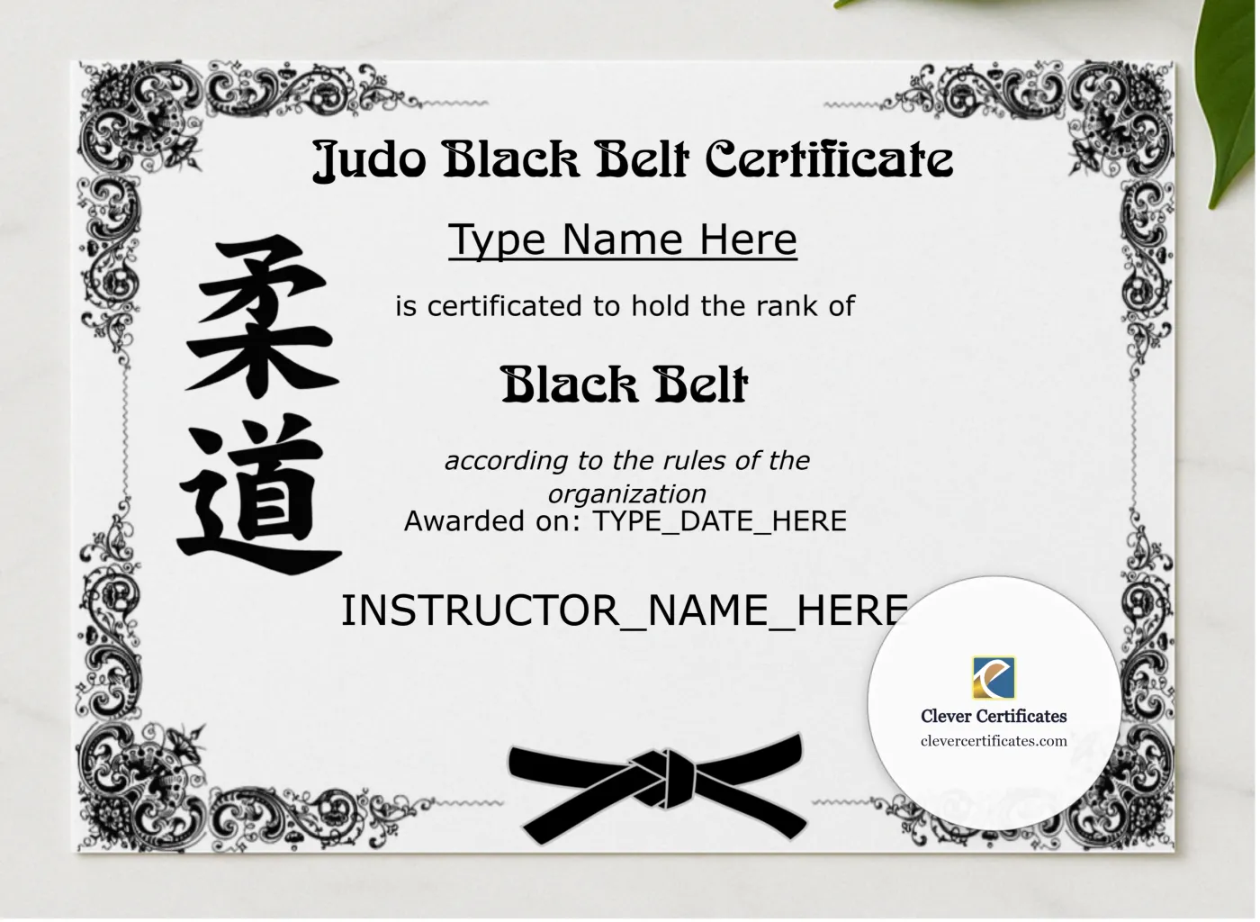 Judo Black Belt Certificate presented in a sleek wooden frame, elegantly arranged on a stylish table.