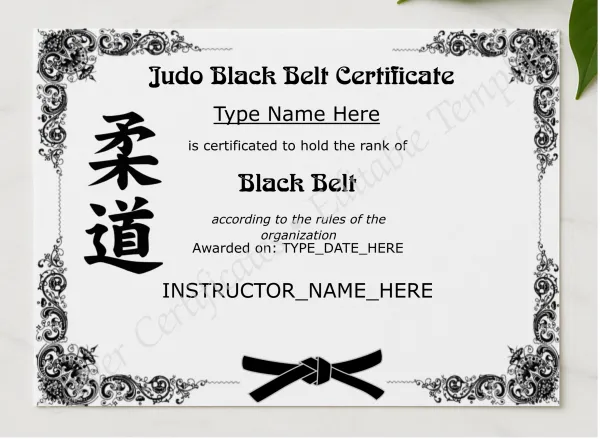 Judo Black Belt Certificate presented in a sleek wooden frame, elegantly arranged on a stylish table.