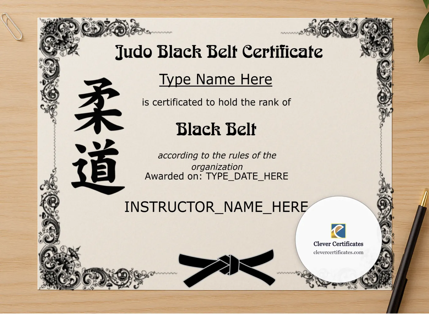 Professional preview of Judo Black Belt Certificate certificate on high-quality stationery paper, ideal for showcasing the final look.