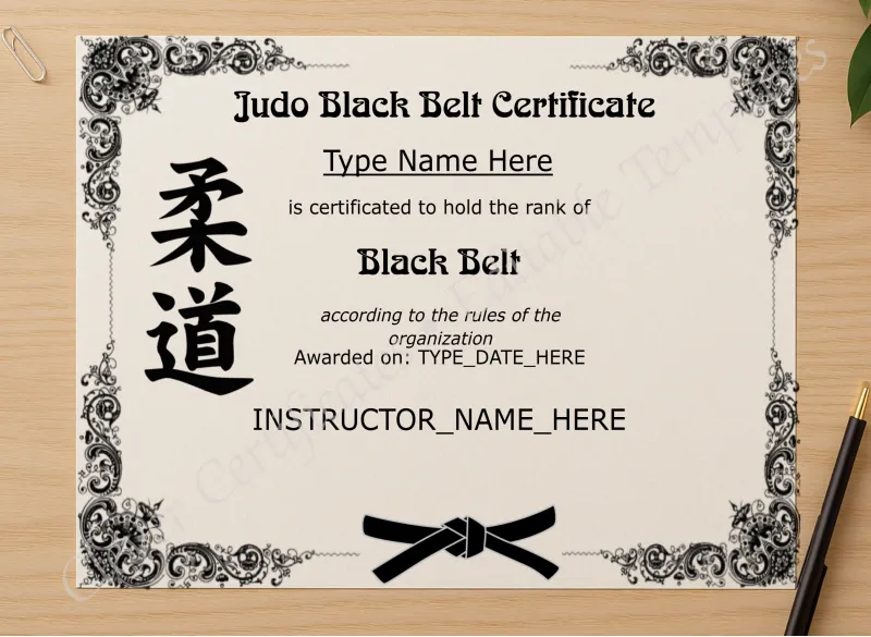 Professional preview of Judo Black Belt Certificate certificate on high-quality stationery paper, ideal for showcasing the final look.