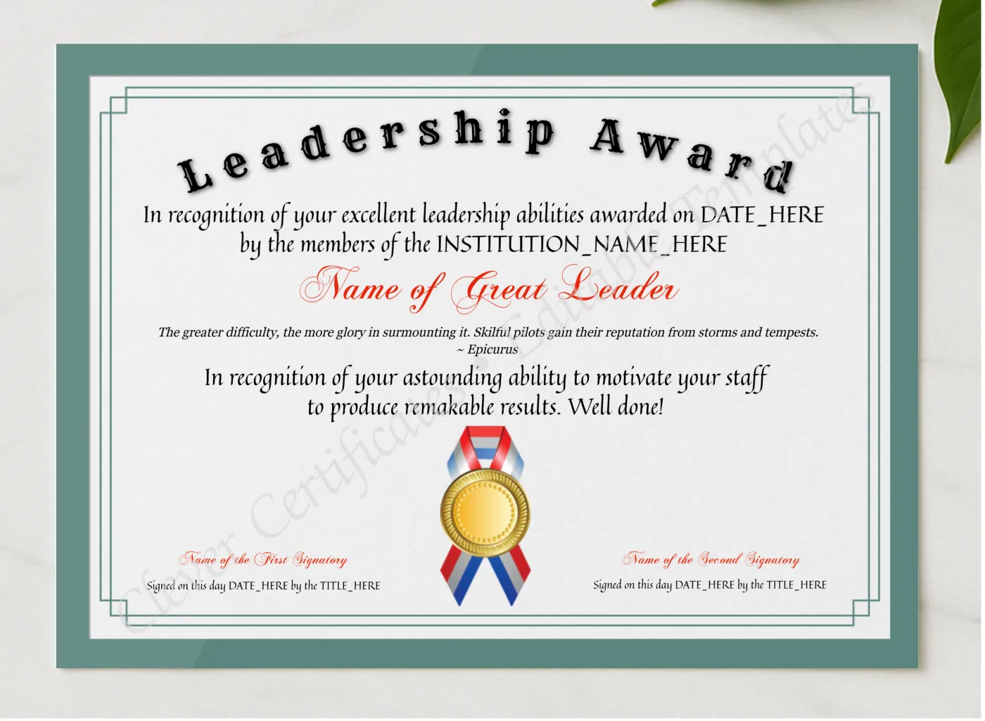 Customizeable Elegant Leadership Award presented in a sleek wooden frame, elegantly arranged on a stylish table.