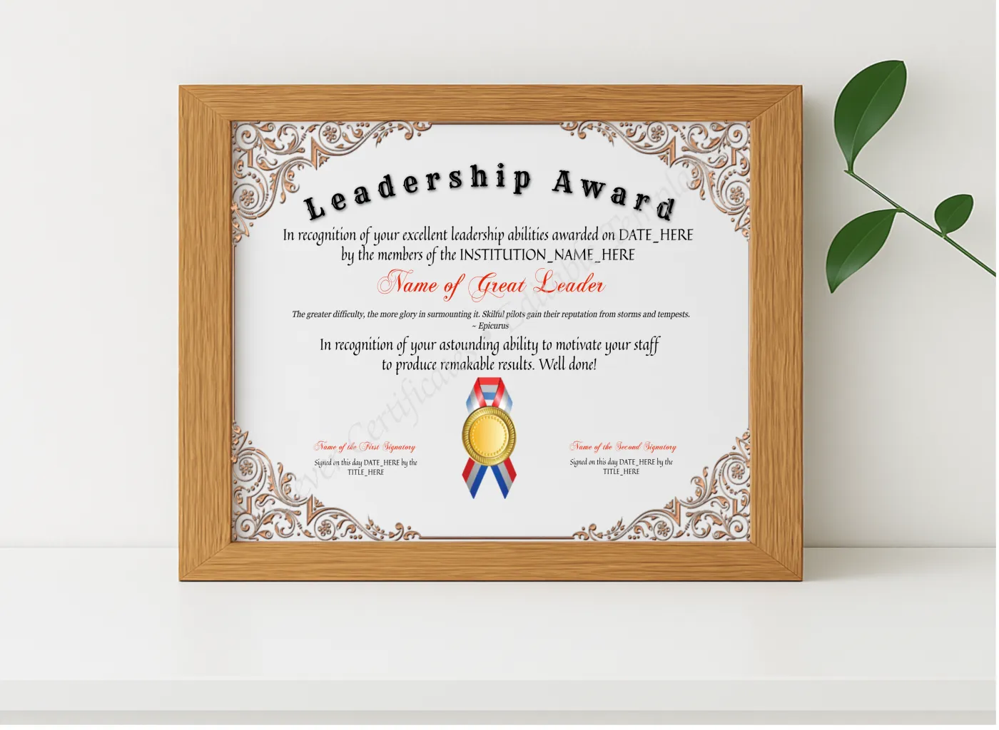 Realistic mockup featuring Customizable Leadership Award displayed within a modern frame, set against a minimalistic background.