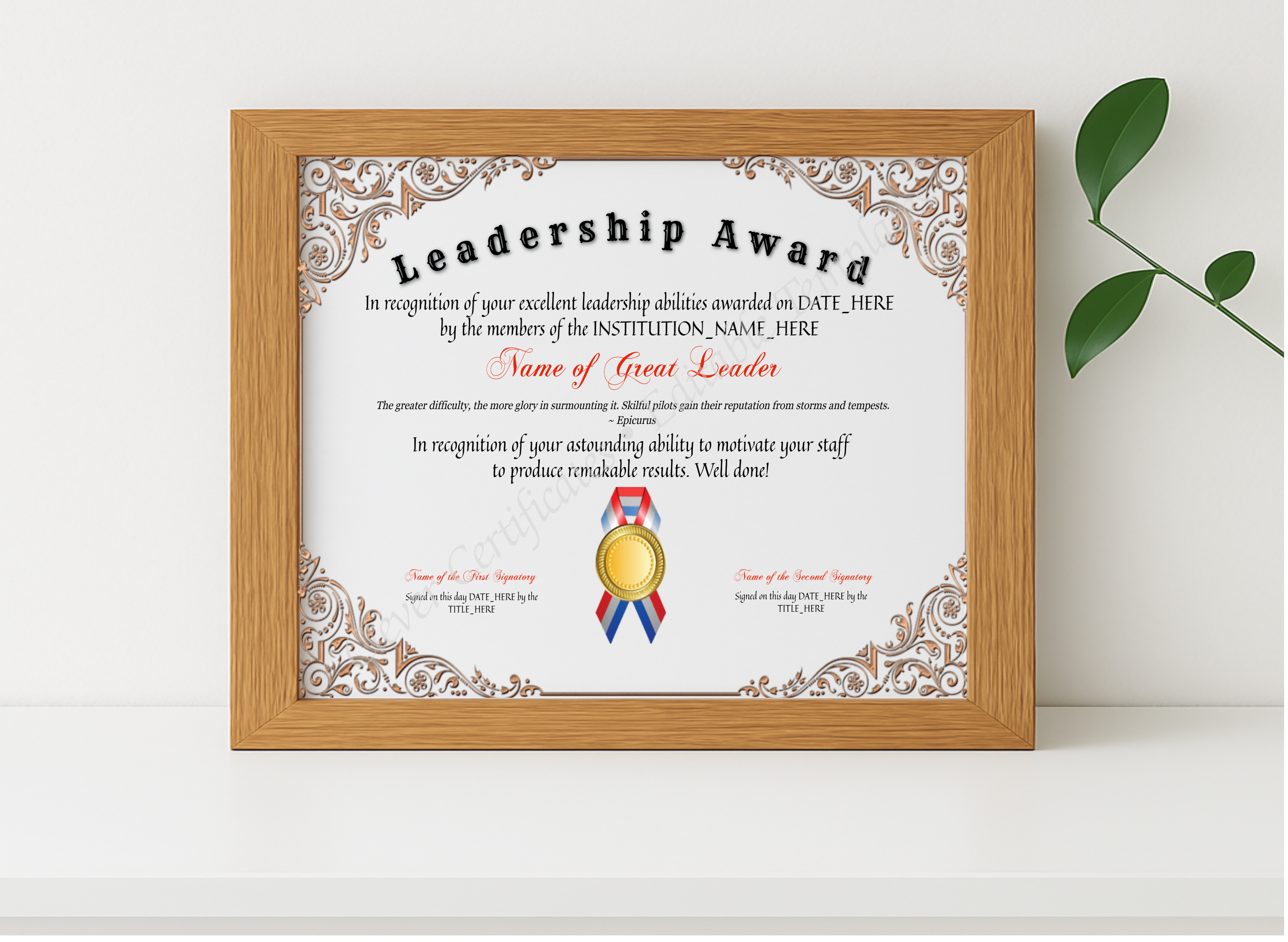 Realistic mockup featuring Customizable Leadership Award displayed within a modern frame, set against a minimalistic background.
