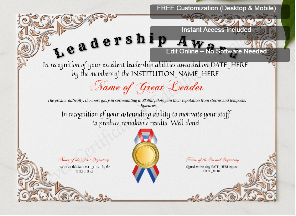 Framed preview featuring Free Editor badge stack for Customizable Leadership Award