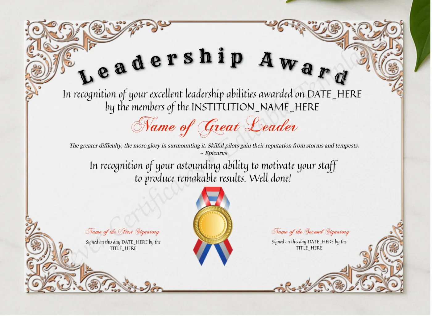 Customizable Leadership Award presented in a sleek wooden frame, elegantly arranged on a stylish table.
