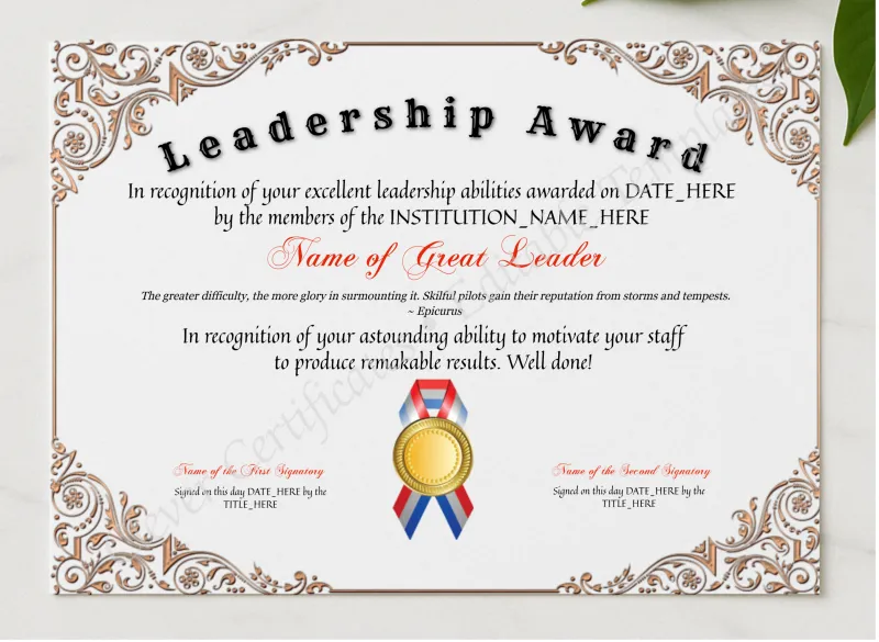 Customizable Leadership Award presented in a sleek wooden frame, elegantly arranged on a stylish table.