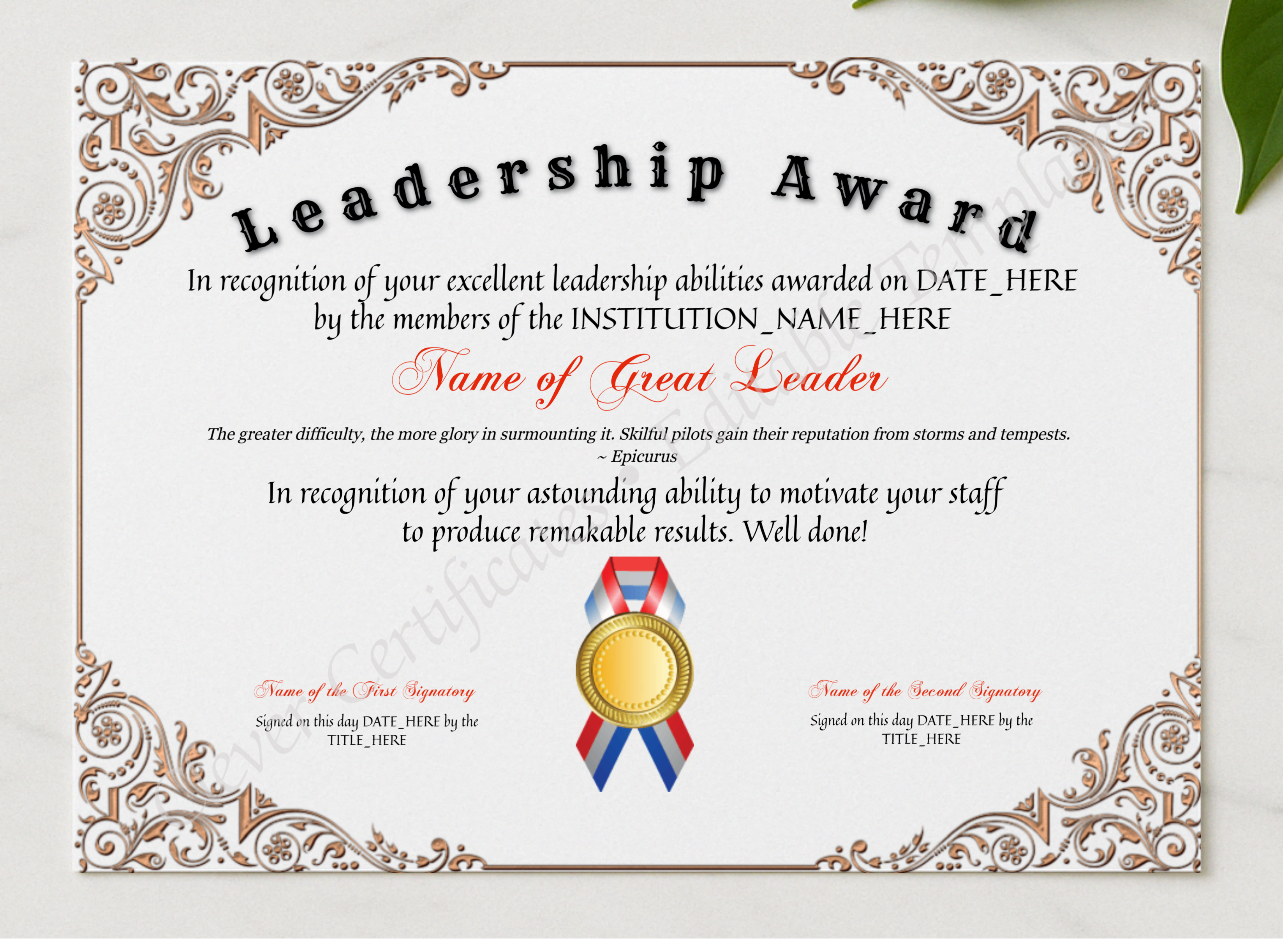 Customizable Leadership Award presented in a sleek wooden frame, elegantly arranged on a stylish table.