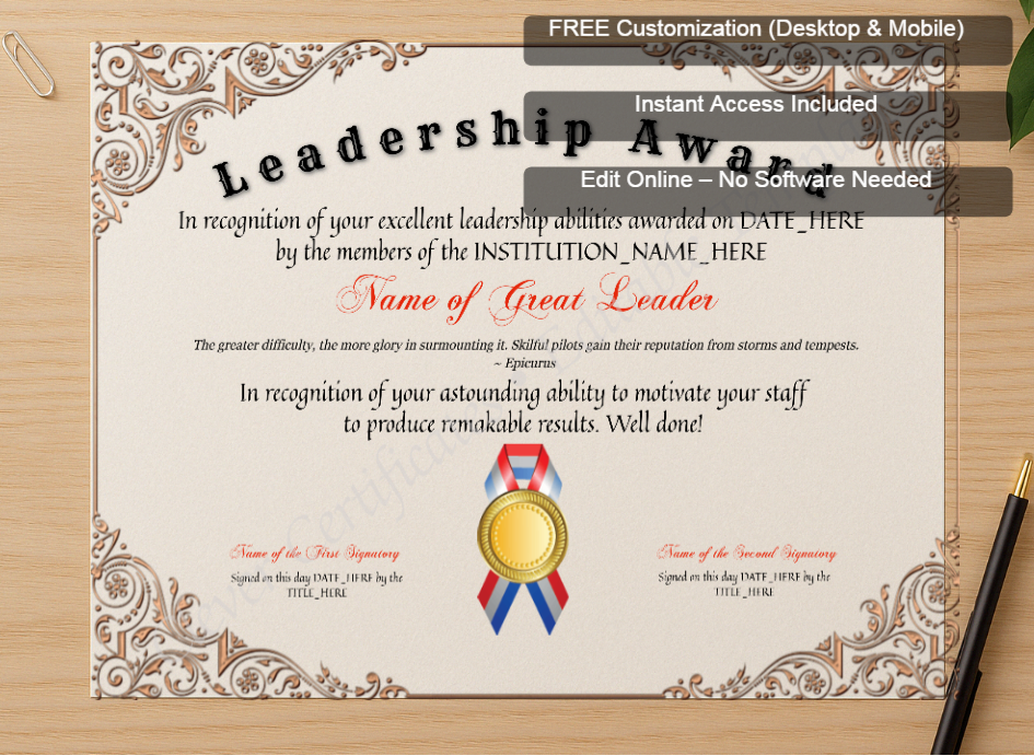 Zoomed preview with Free Editor badge stack for Customizable Leadership Award