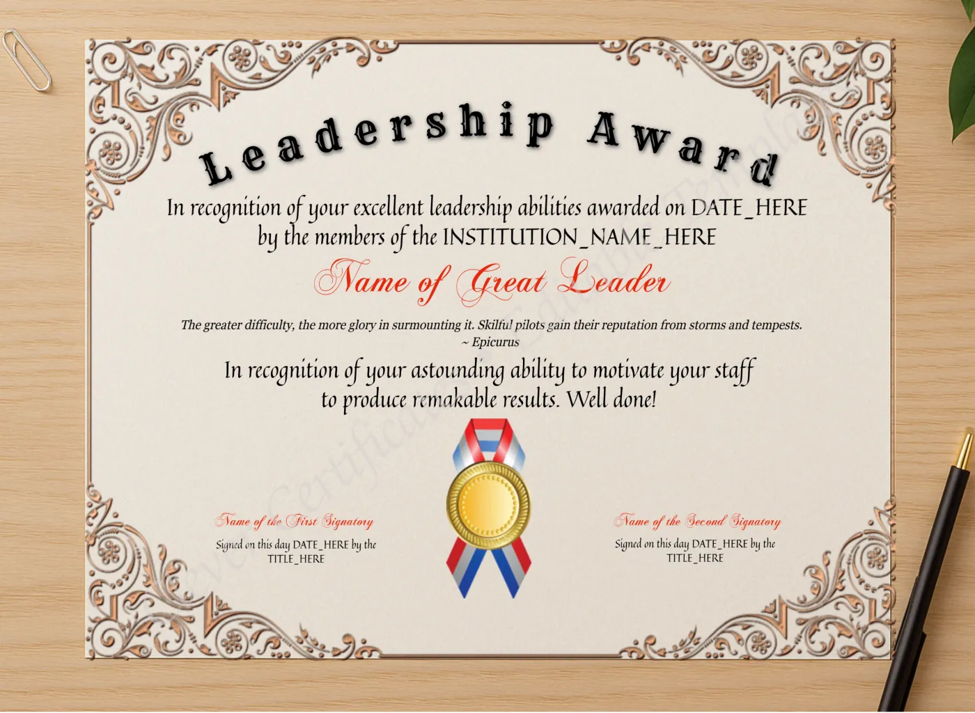 Professional preview of Customizable Leadership Award certificate on high-quality stationery paper, ideal for showcasing the final look.