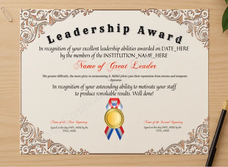 Professional preview of Customizable Leadership Award certificate on high-quality stationery paper, ideal for showcasing the final look.