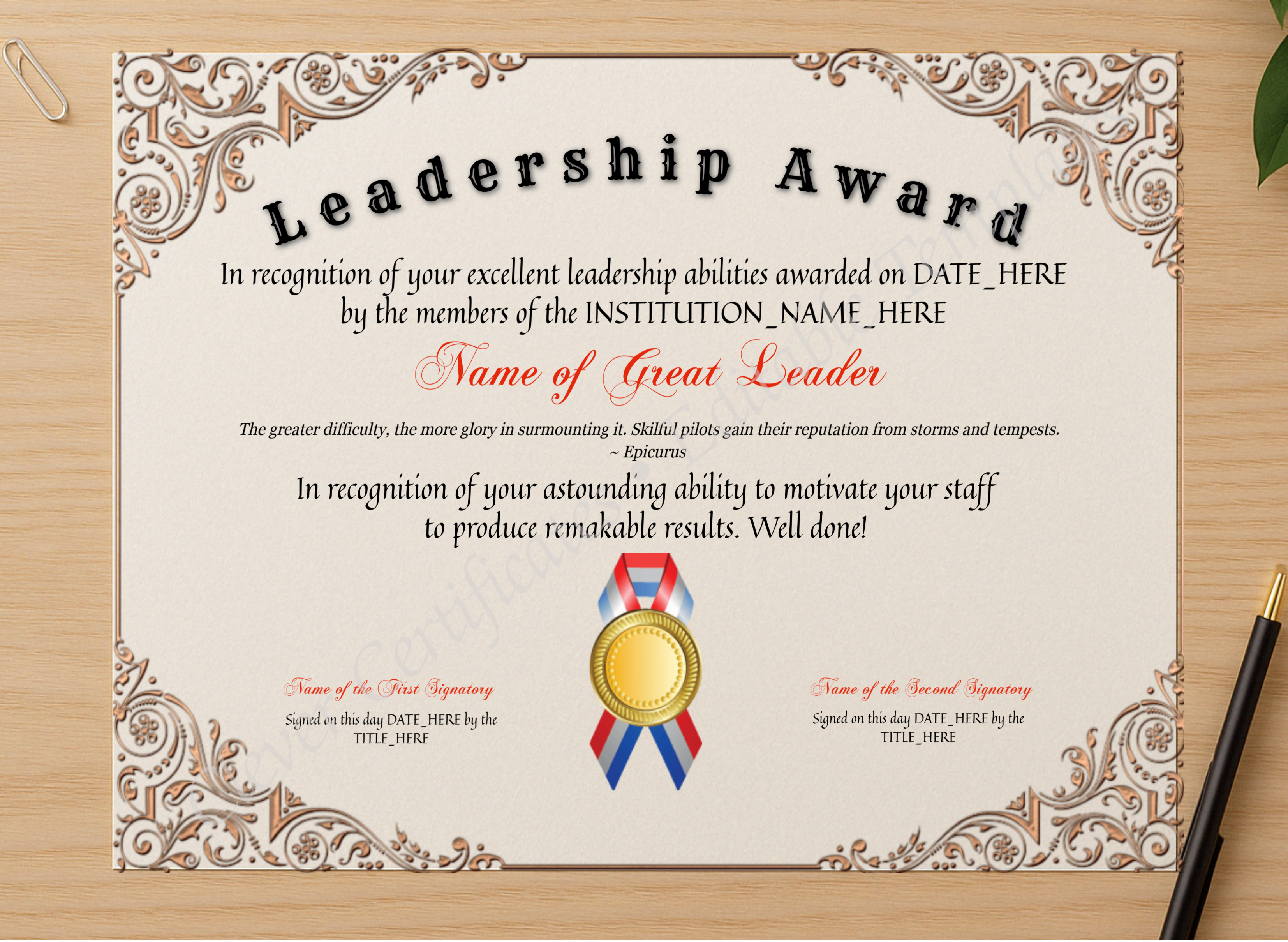 Professional preview of Customizable Leadership Award certificate on high-quality stationery paper, ideal for showcasing the final look.