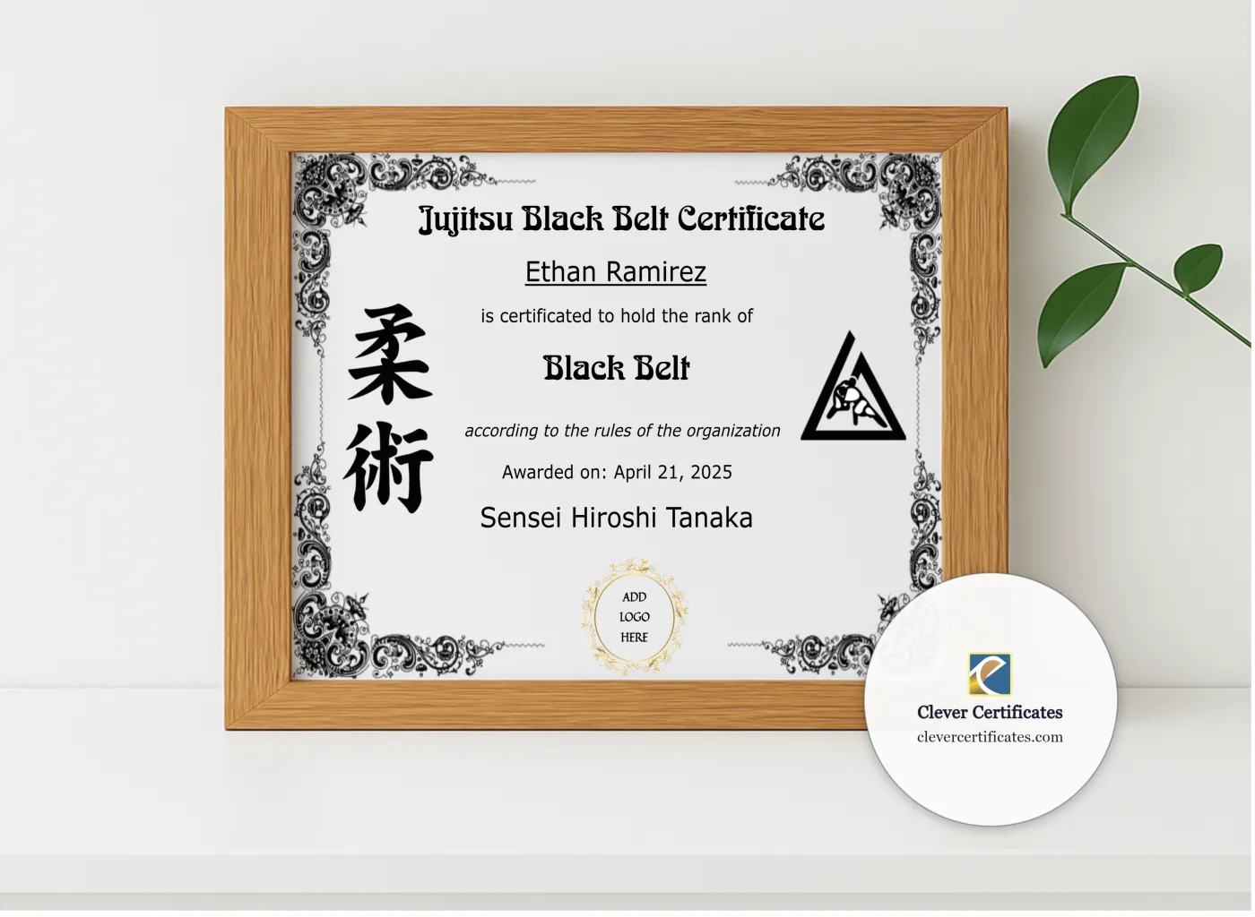 Realistic mockup featuring Jujitsu Black Belt Certificate displayed within a modern frame, set against a minimalistic background.