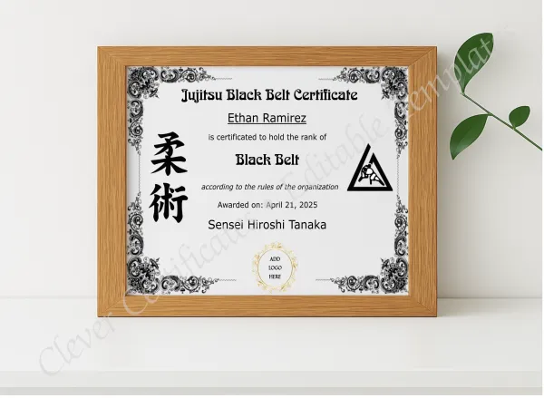 Realistic mockup featuring Jujitsu Black Belt Certificate displayed within a modern frame, set against a minimalistic background.