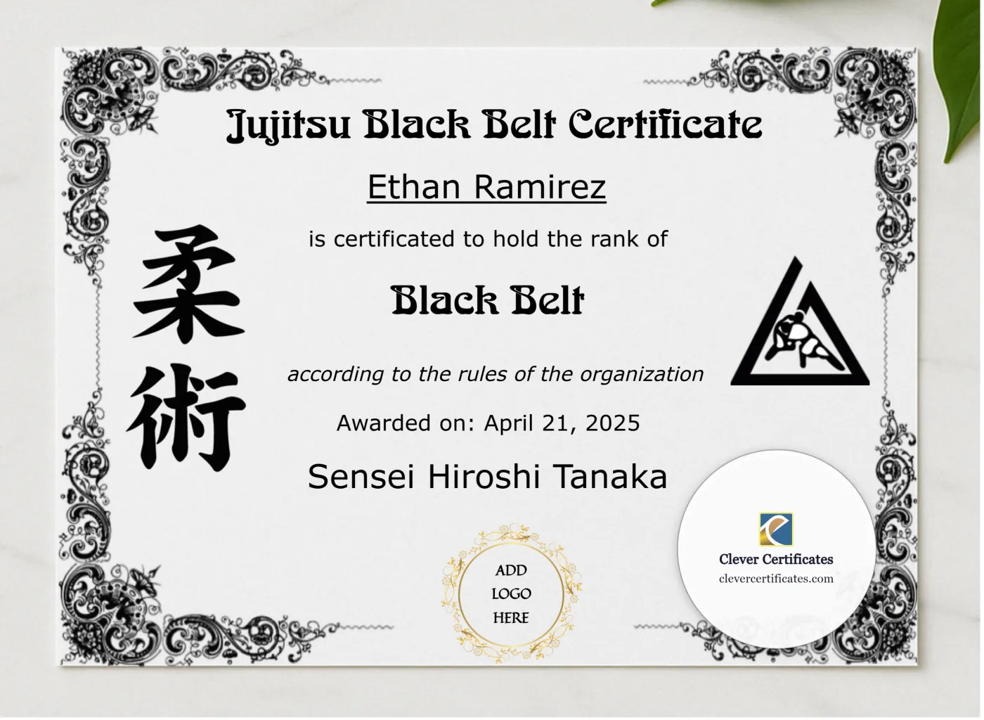 Jujitsu Black Belt Certificate presented in a sleek wooden frame, elegantly arranged on a stylish table.