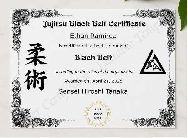 Jujitsu Black Belt Certificate presented in a sleek wooden frame, elegantly arranged on a stylish table.