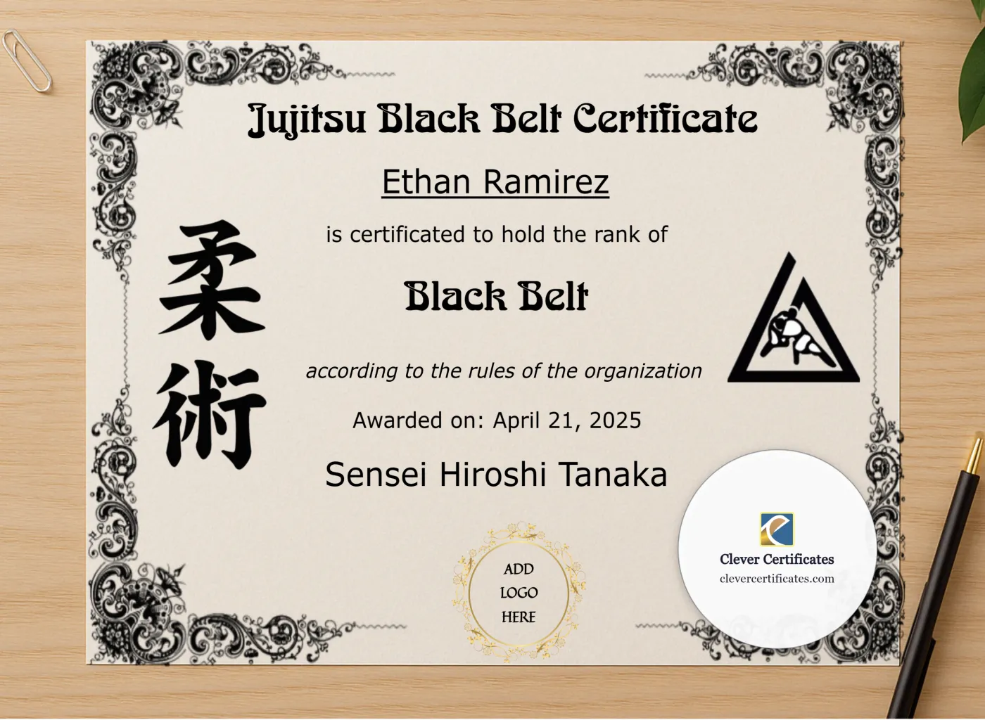 Professional preview of Jujitsu Black Belt Certificate certificate on high-quality stationery paper, ideal for showcasing the final look.