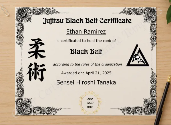Professional preview of Jujitsu Black Belt Certificate certificate on high-quality stationery paper, ideal for showcasing the final look.