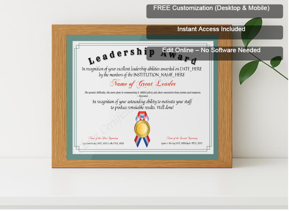 Premium mockup with Free Editor badge stack for Customizable Elegant Leadership Award