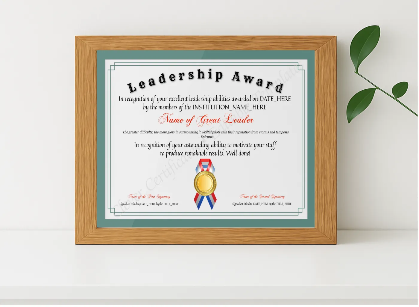 Realistic mockup featuring Customizable Elegant Leadership Award displayed within a modern frame, set against a minimalistic background.