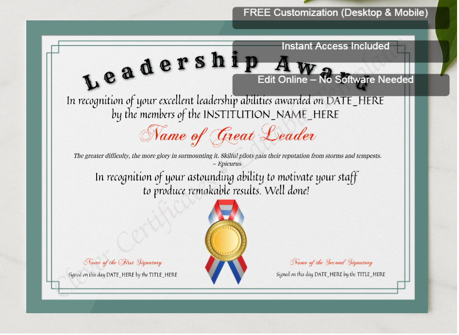 Framed preview featuring Free Editor badge stack for Customizable Elegant Leadership Award