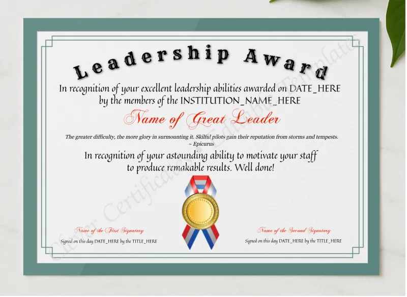 Customizable Elegant Leadership Award presented in a sleek wooden frame, elegantly arranged on a stylish table.