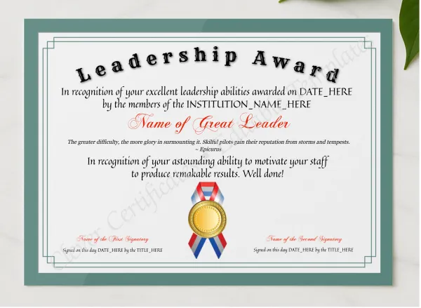 Customizable Elegant Leadership Award presented in a sleek wooden frame, elegantly arranged on a stylish table.