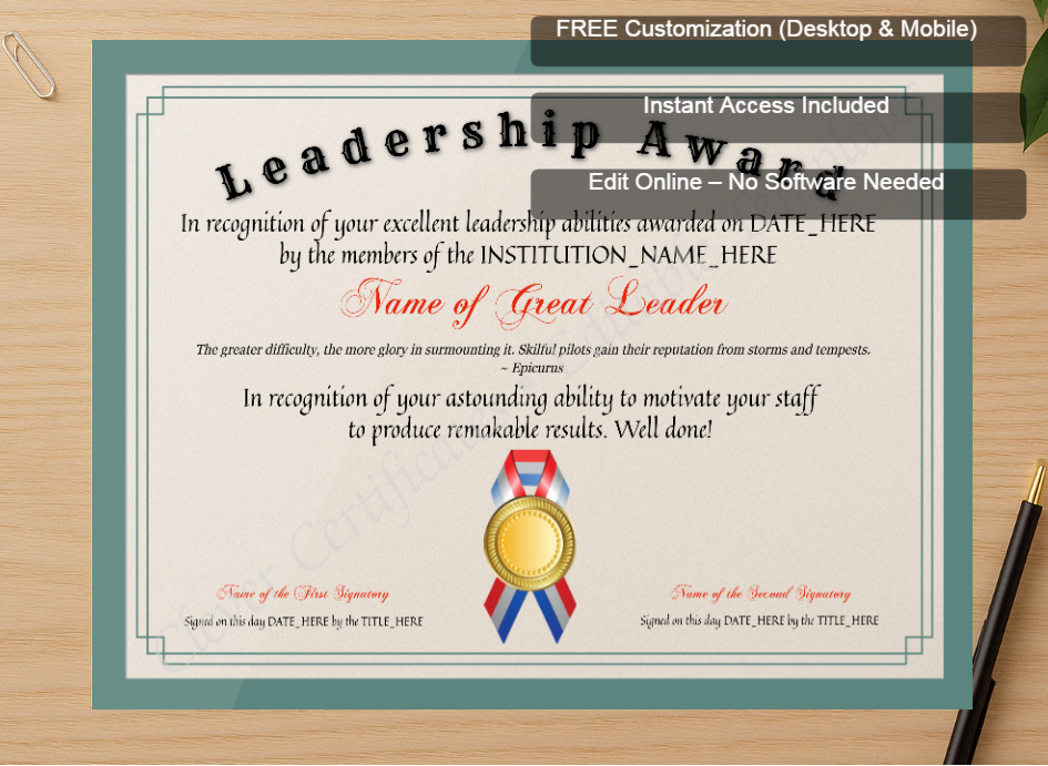 Zoomed preview with Free Editor badge stack for Customizable Elegant Leadership Award